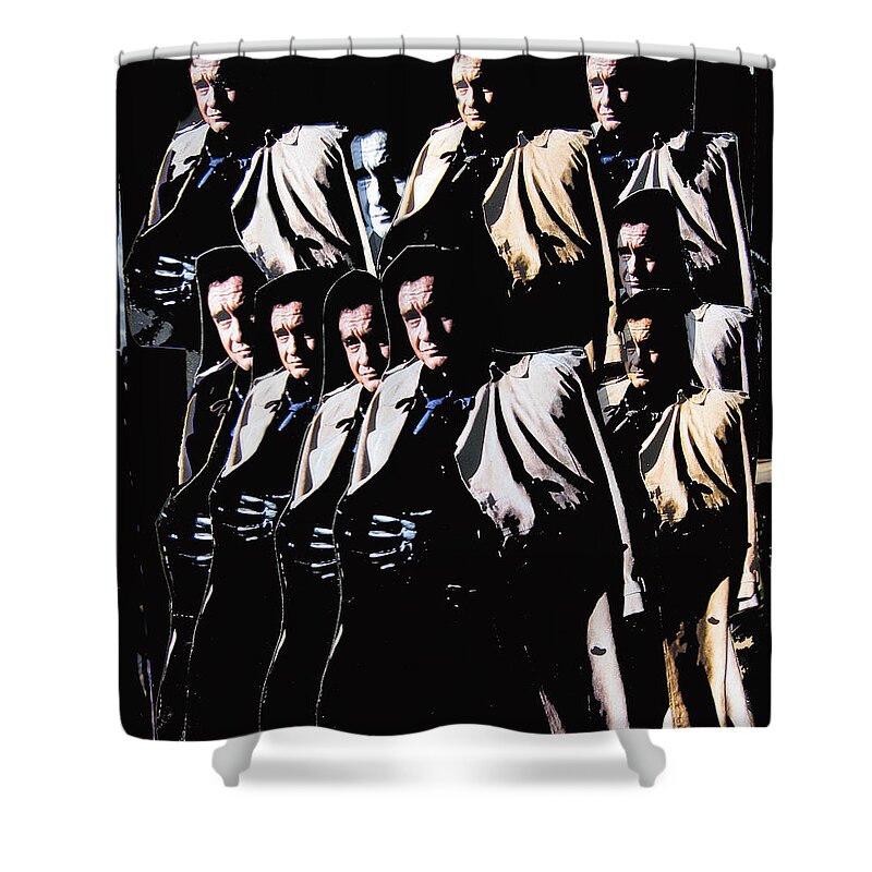 Multiple Johnny Cash In Trench Coat Collage Old Tucson Arizona Surrealism Color Added Shower Curtain featuring the photograph Multiple Johnny Cash in trench coat 1 by David Lee Guss