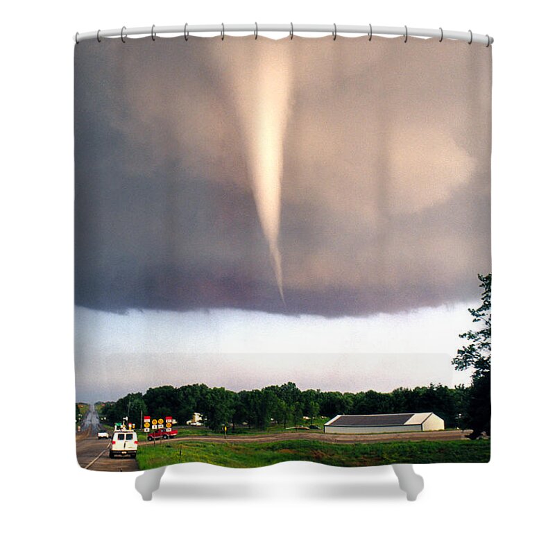 Tornado Shower Curtain featuring the photograph Mulvane Tornado with Storm Chasers by Jason Politte