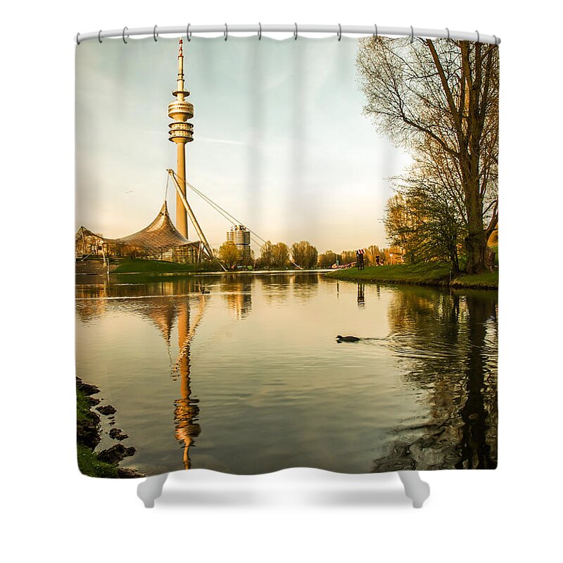 Architecture Shower Curtain featuring the photograph Munich - Olympiapark - Vintage by Hannes Cmarits