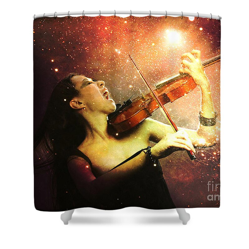 Music Shower Curtain featuring the digital art Music explodes in the night by Linda Lees