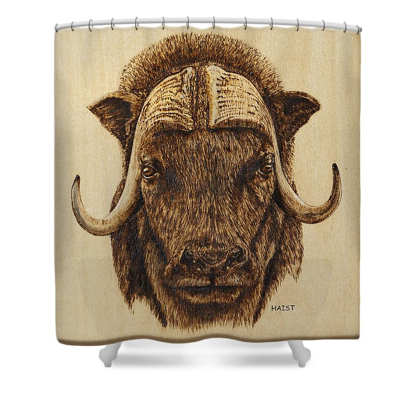 Outdoors Shower Curtain featuring the pyrography Muskox by Ron Haist