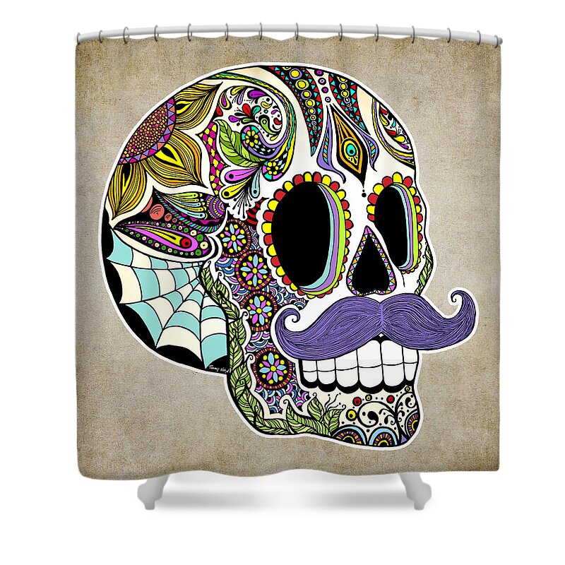 Vintage Shower Curtain featuring the digital art Mustache Sugar Skull Vintage Style by Tammy Wetzel