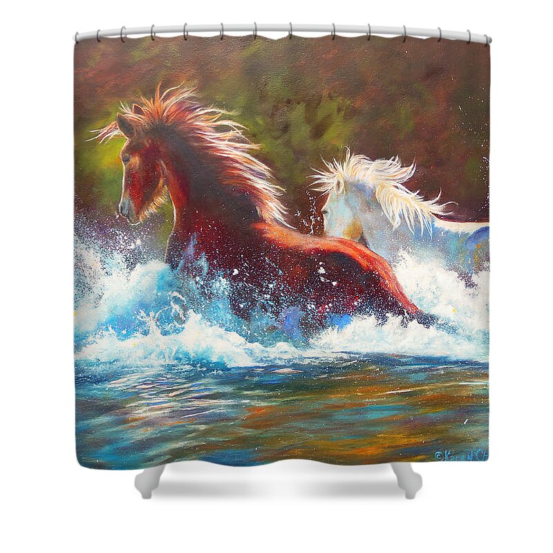  Mustang Splash Painting Shower Curtain featuring the painting Mustang Splash by Karen Kennedy Chatham