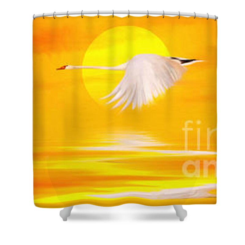 Flying Swan At Sunset Shower Curtain featuring the painting Mute Sunset by John Edwards