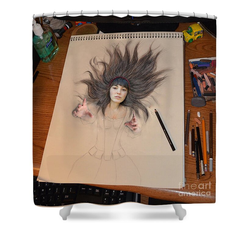 Brown Haired Shower Curtain featuring the digital art My Drawing of a Beauty Coming Alive by Jim Fitzpatrick