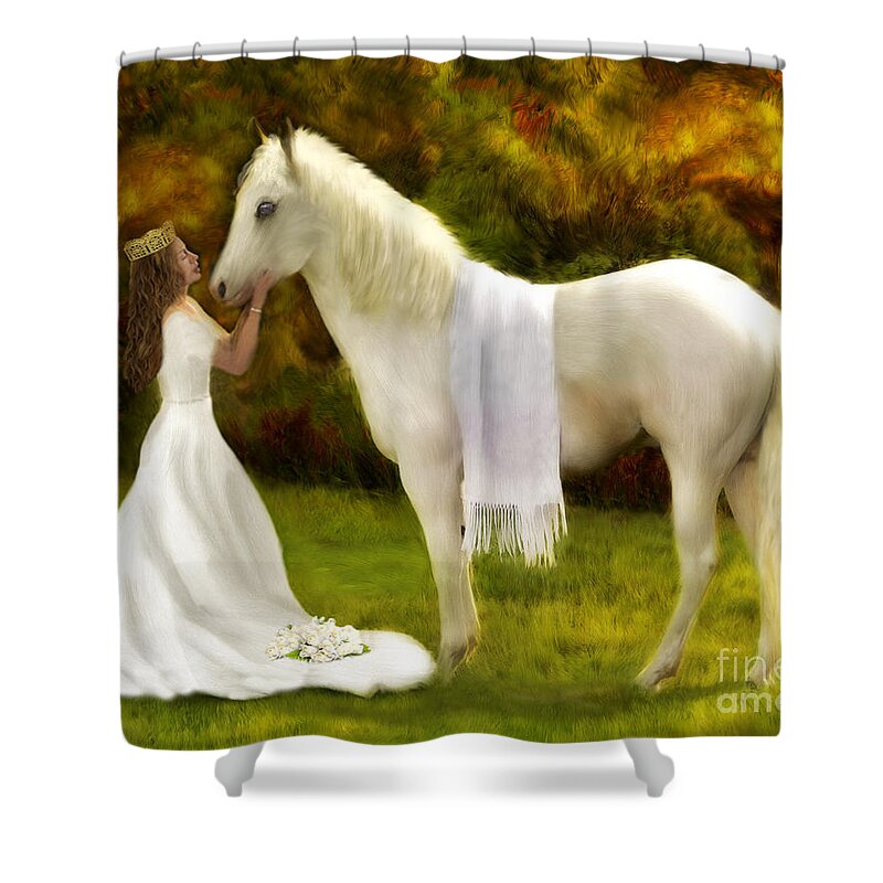 Bride And White Horse Shower Curtain featuring the painting My King Is Coming by Constance Woods