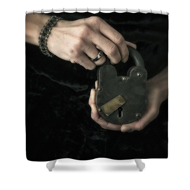 Mystery Shower Curtain featuring the photograph Mysterious Woman with Lock by Edward Fielding