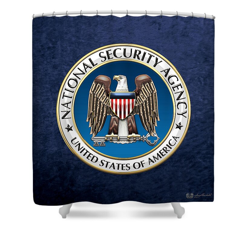 'military Insignia & Heraldry 3d' Collection By Serge Averbukh Shower Curtain featuring the digital art National Security Agency - N S A Emblem on Blue Velvet by Serge Averbukh