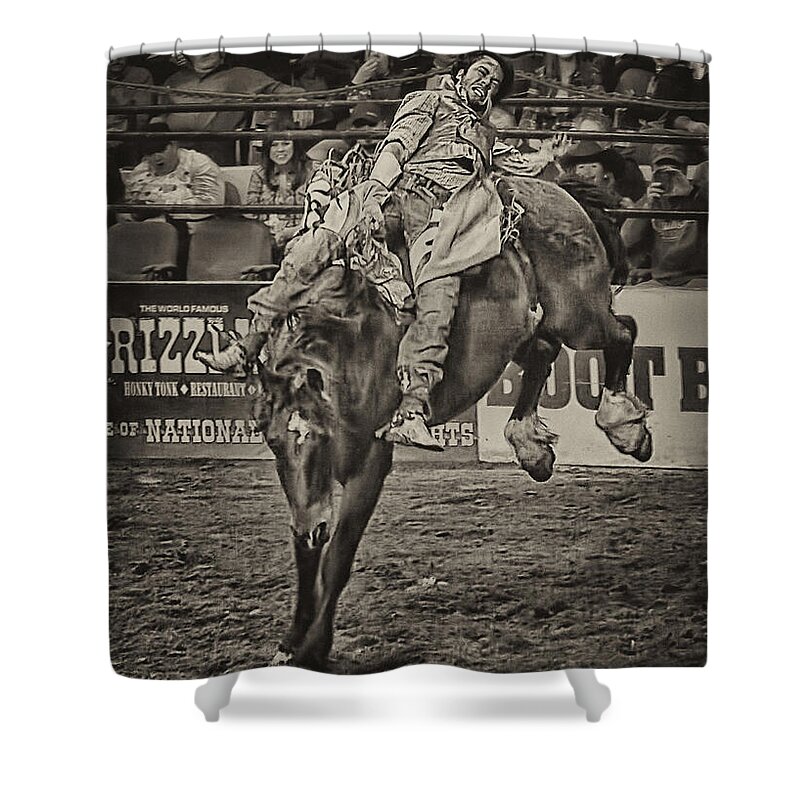 Pro Rodeo Shower Curtain featuring the photograph National Stock Show Bare Back Action by Priscilla Burgers
