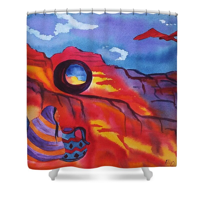 Window Rock Shower Curtain featuring the painting Native Women at Window Rock by Ellen Levinson