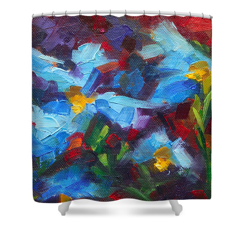 Himalayan Shower Curtain featuring the painting Nature's Palette - Himalayan blue poppy oil painting Meconopsis betonicifoliae by Talya Johnson