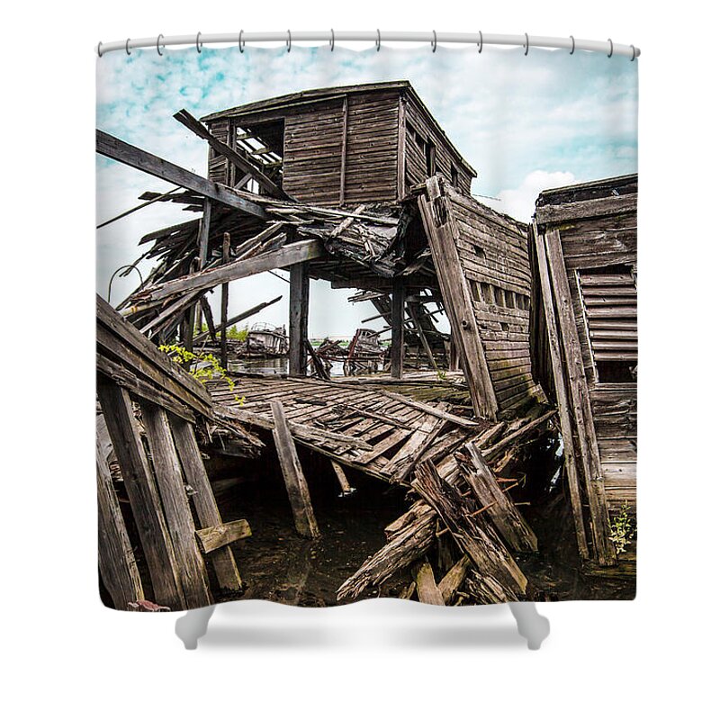 Abandoned Shower Curtain featuring the photograph Nautical - Shipwreck - Collapsed Pier by Gary Heller