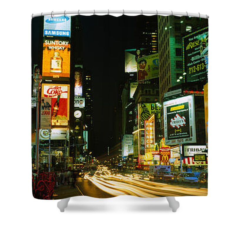 Photography Shower Curtain featuring the photograph Neon Boards In A City Lit Up At Night by Panoramic Images