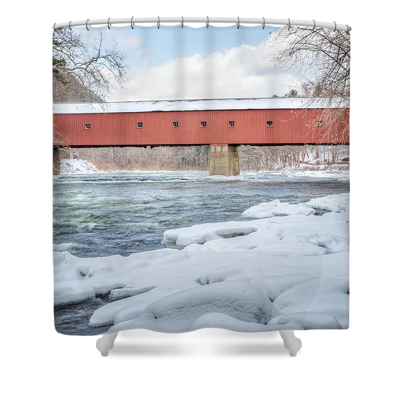 West Cornwall Covered Bridge Shower Curtain featuring the photograph New England Covered Bridge Winter by Bill Wakeley