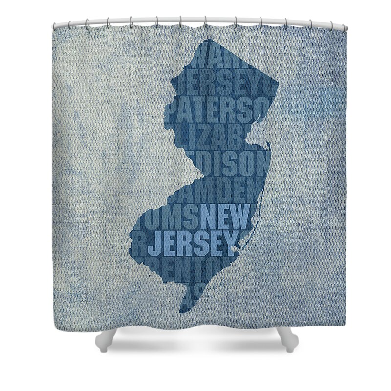 New Jersey Word Art State Map On Canvas Shower Curtain featuring the mixed media New Jersey Word Art State Map on Canvas by Design Turnpike