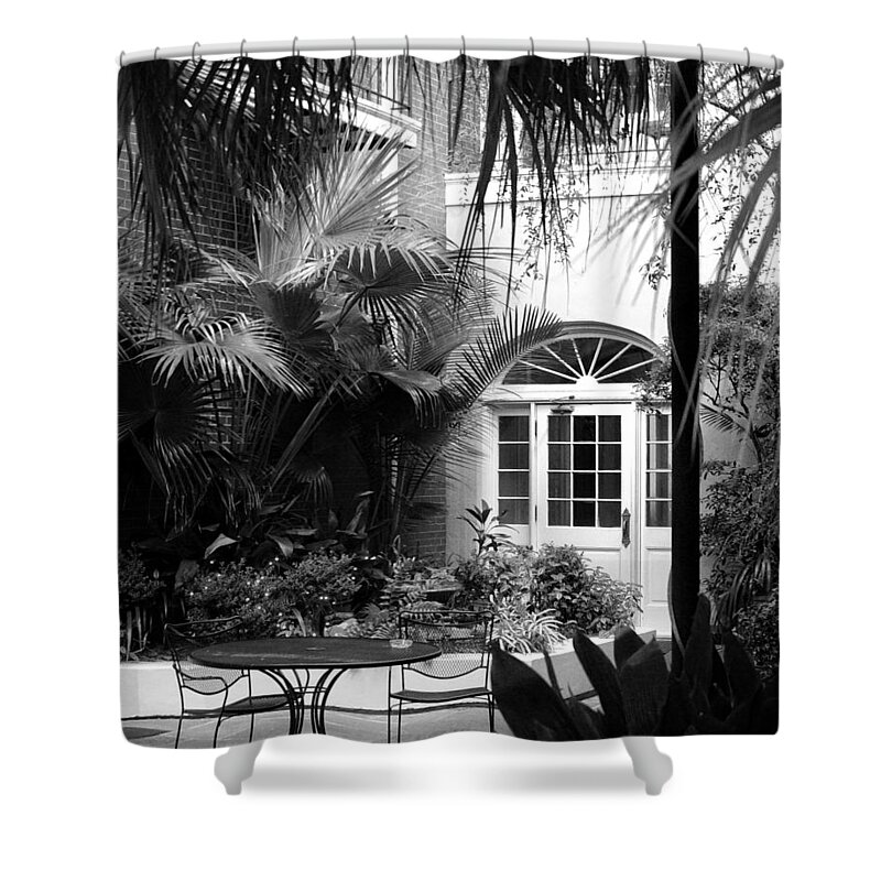 New Orleans Shower Curtain featuring the photograph New Orleans Courtyard in Black and White by Greg and Chrystal Mimbs