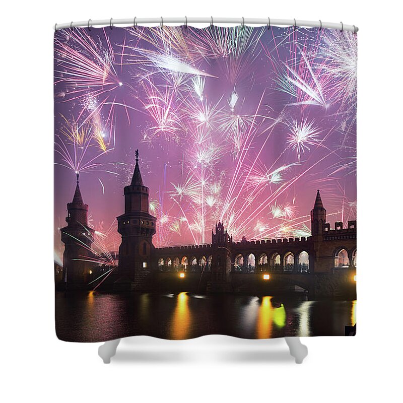Firework Display Shower Curtain featuring the photograph New Years Eve At Oberbaum Bridge by Spreephoto.de