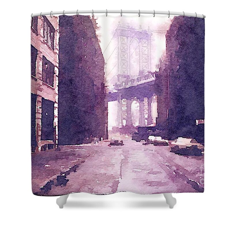 Nyc Shower Curtain featuring the painting New York 1974 Manhattan Bridge by HELGE Art Gallery
