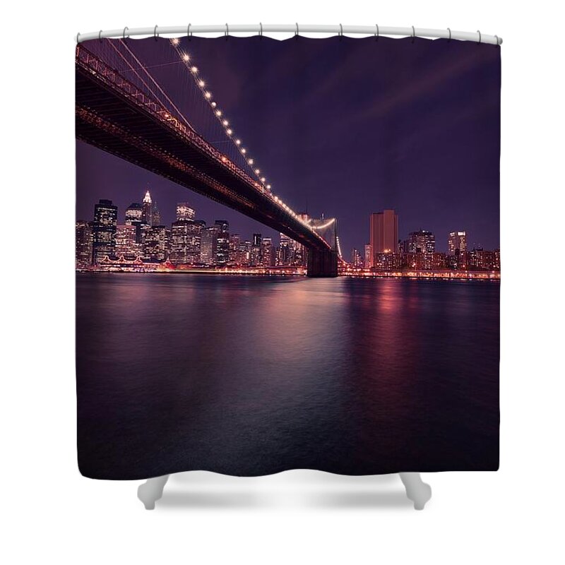 Brooklyn Bridge Shower Curtain featuring the photograph New York Brooklyn Bridge at Night by David Dehner