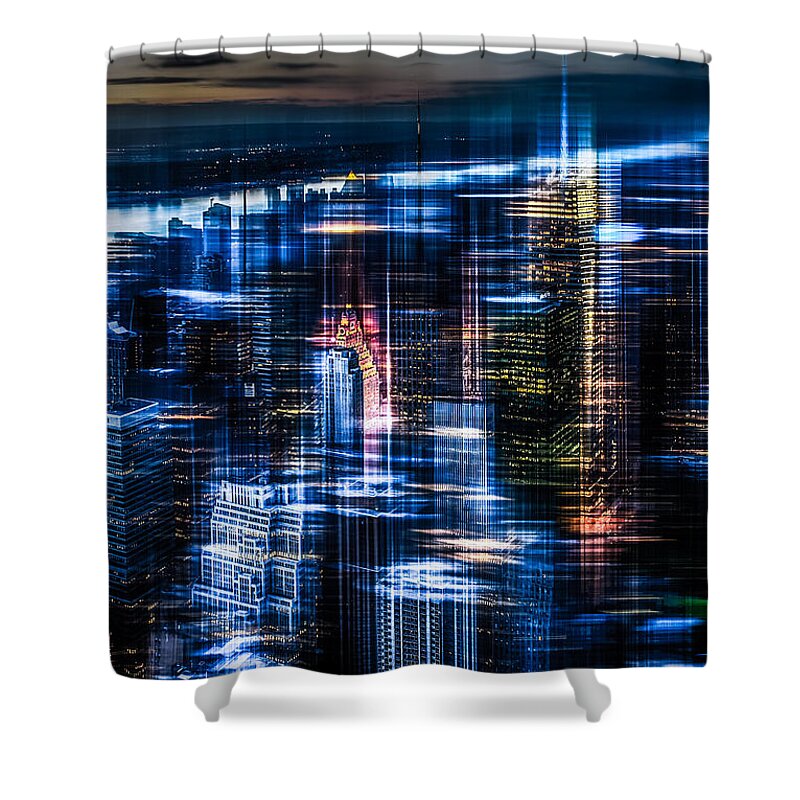 Nyc Shower Curtain featuring the photograph New York - the night awakes - blue I by Hannes Cmarits