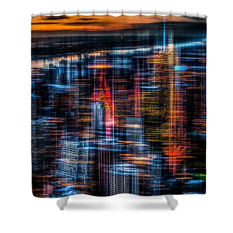 Nyc Shower Curtain featuring the photograph New York- the night awakes - orange by Hannes Cmarits