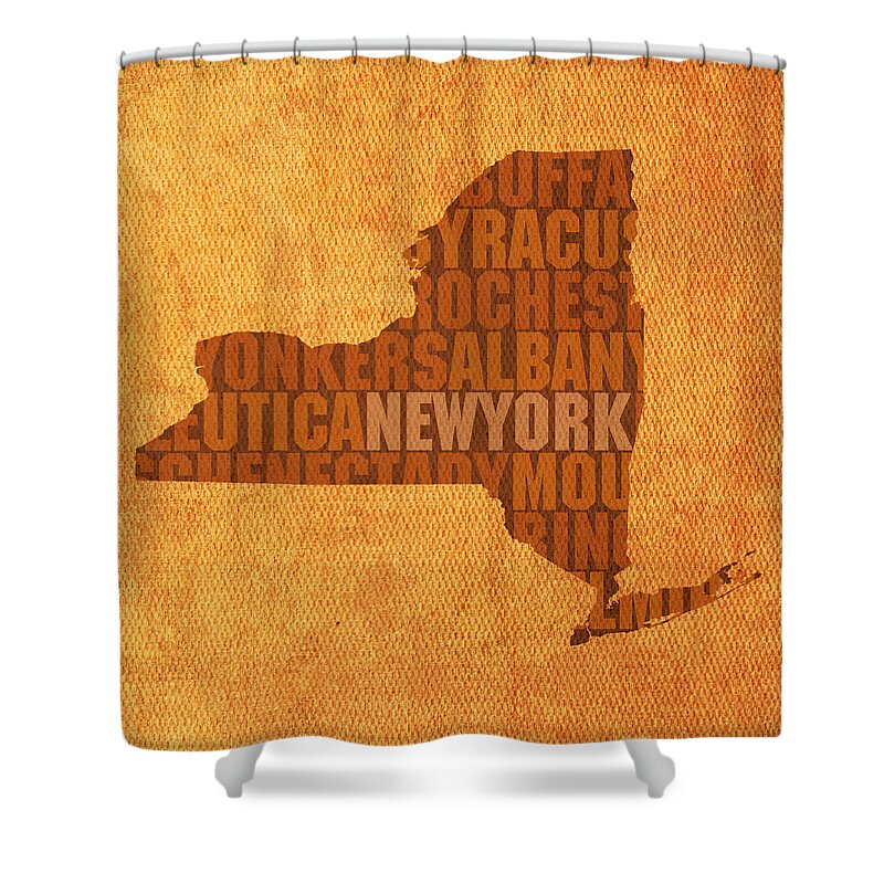 New York Word Art State Map On Canvas Shower Curtain featuring the mixed media New York Word Art State Map on Canvas by Design Turnpike