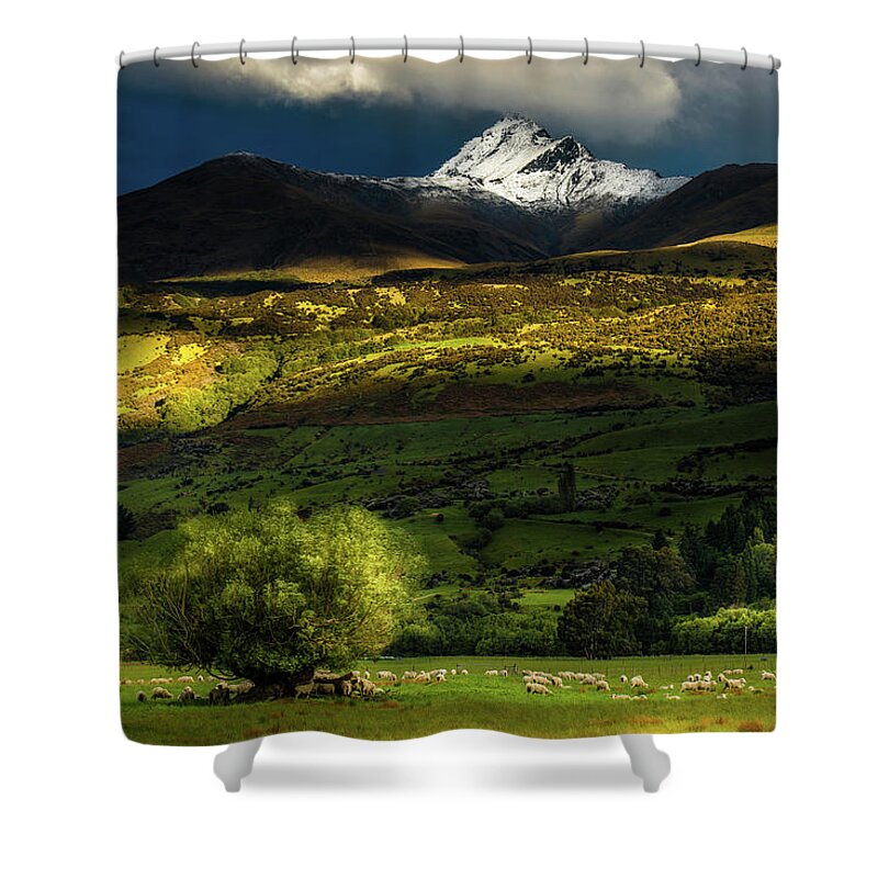 Snow Shower Curtain featuring the photograph New Zealand Green Field And Mountain by Coolbiere Photograph