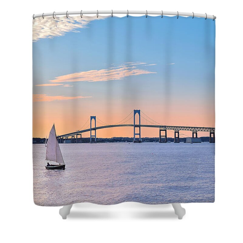 Newport Shower Curtain featuring the photograph Newport Bridge Twilight Sunset with Sailboat Rhode Island USA by Marianne Campolongo