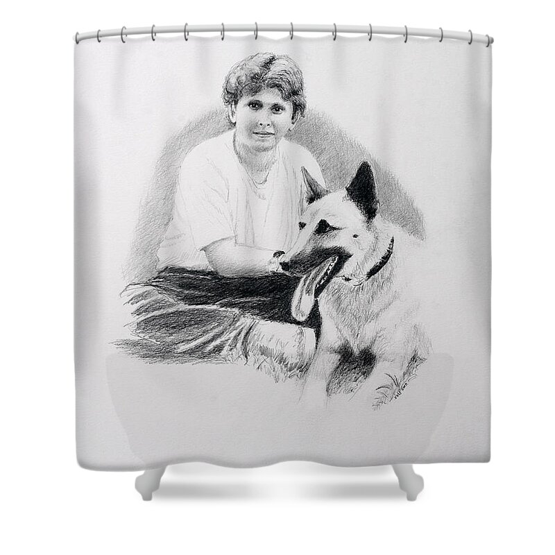 Boy Shower Curtain featuring the drawing Nicholai And Bowser by Daniel Reed