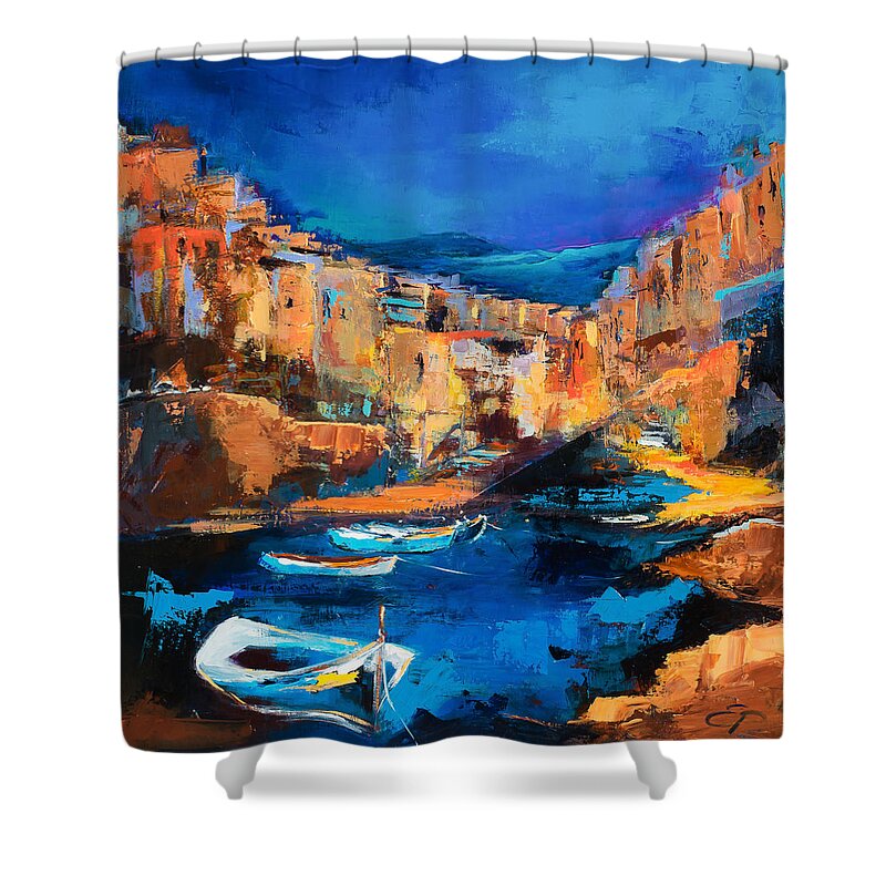 Cinque Terre Shower Curtain featuring the painting Night Colors Over Riomaggiore - Cinque Terre by Elise Palmigiani