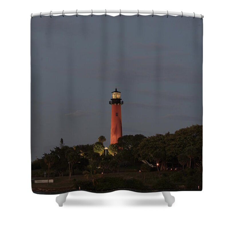 Jupiter Shower Curtain featuring the photograph Night Lighthouse by Catie Canetti