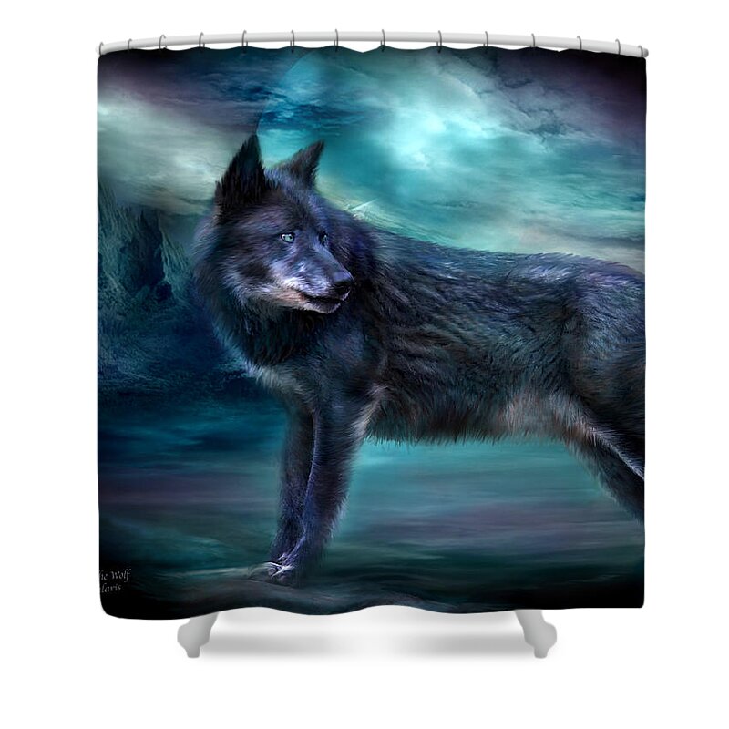 Wolf Shower Curtain featuring the mixed media Night Of The Wolf by Carol Cavalaris