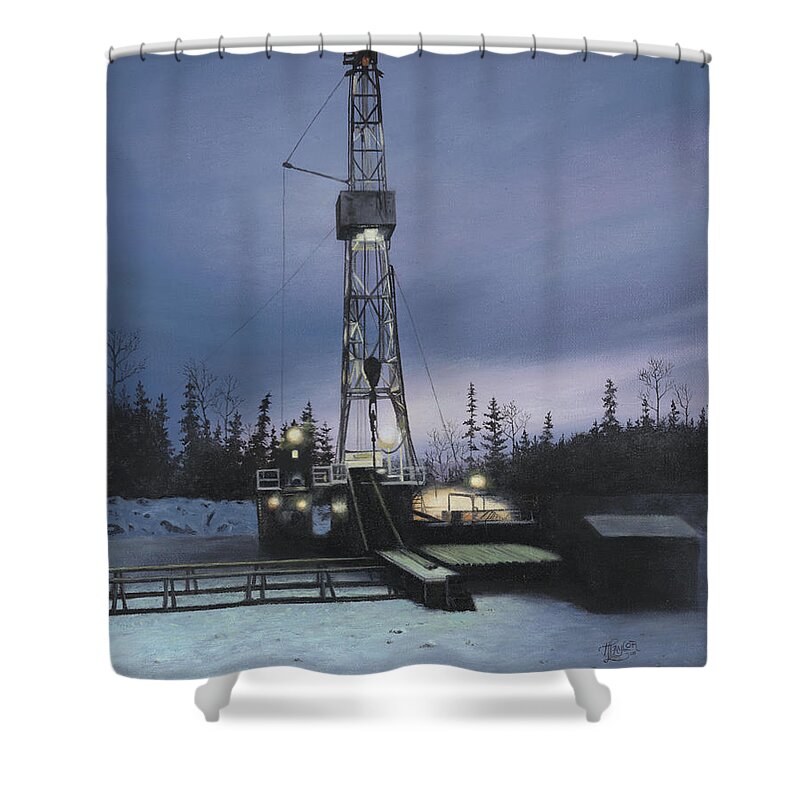 Drilling Rig Shower Curtain featuring the painting Night Shift by Tammy Taylor