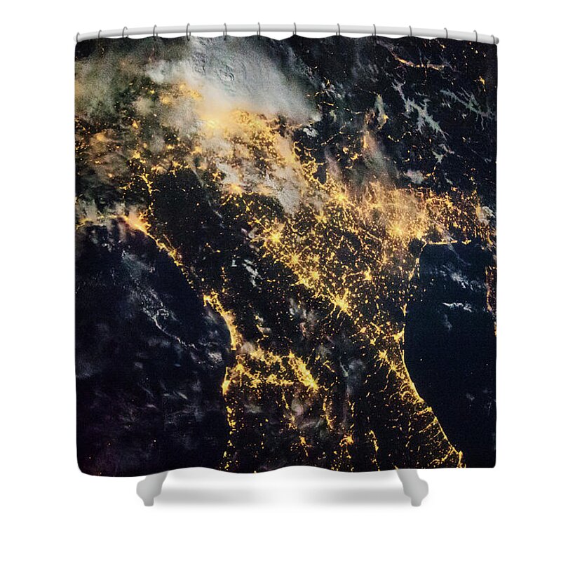 Photography Shower Curtain featuring the photograph Night Time Satellite Image Of Genoa by Panoramic Images