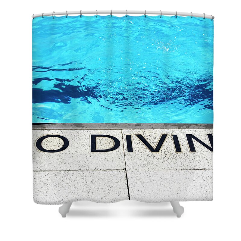 Authority Shower Curtain featuring the photograph No Diving Sign At The Waters Edge by Ron Koeberer