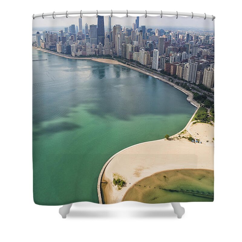 3scape Shower Curtain featuring the photograph North Avenue Beach Chicago Aerial by Adam Romanowicz