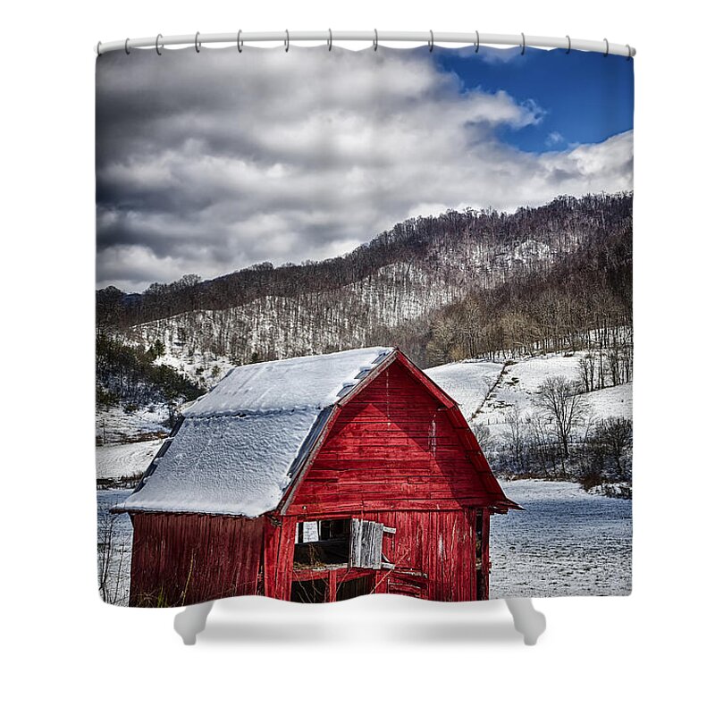 Snow Shower Curtain featuring the photograph North Carolina Red Barn by John Haldane