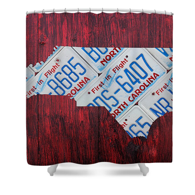 North Shower Curtain featuring the mixed media North Carolina State License Plate Map Art by Design Turnpike