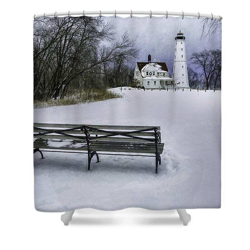 Lighthouse; Light House; Architecture; Beacon; Winter; Snow; Overcast; Cloudy; Cold; White; Tower; Keeper; House; Milwaukee; Lake Michigan; Structure; Building; Midwest; Shore; Nautical; Light Station; Coast; Frozen; Ice; Fine Art Photography; Scott Norris Photography; Bench; Sit; Rest; Park Bench; Wooden Bench Shower Curtain featuring the photograph North Point Lighthouse and Bench by Scott Norris