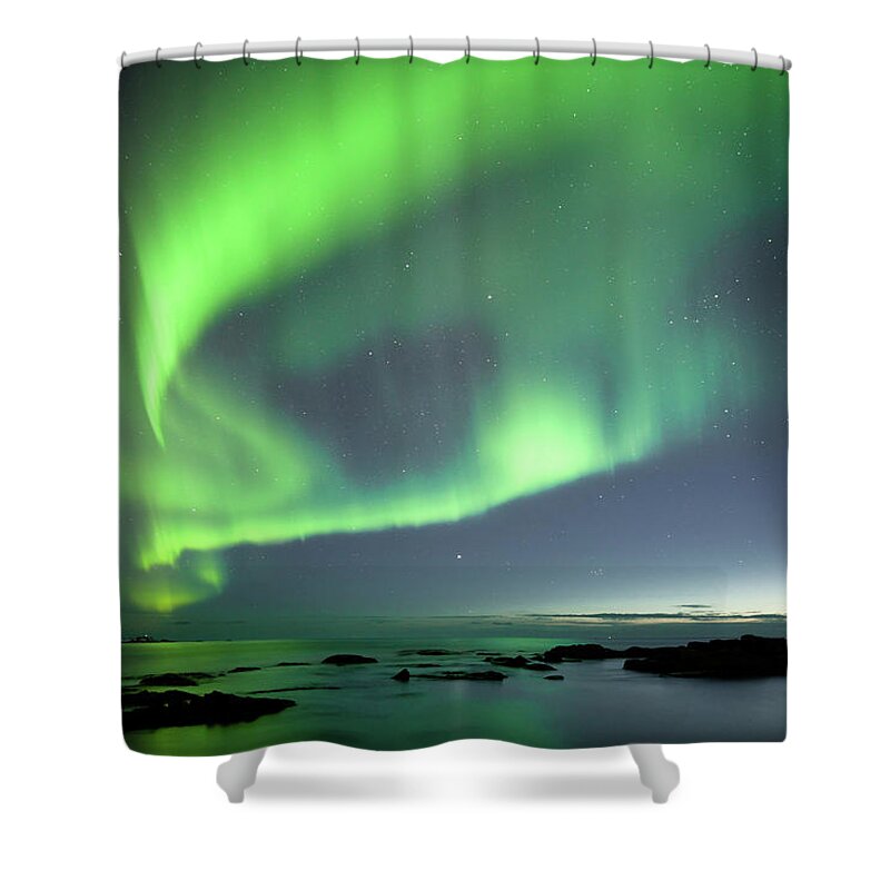 Scenics Shower Curtain featuring the photograph Northern Lights Lofoten Norway by Steffen Schnur