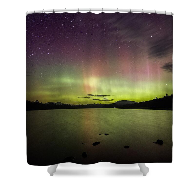 Astrophotography Shower Curtain featuring the photograph Northern Lights Over Ricker Pond by John Vose