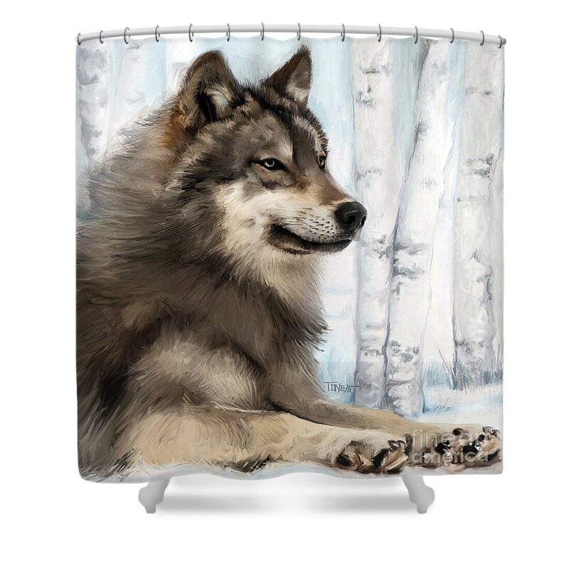 The Northern Rocky Mountains Wolf Shower Curtain featuring the mixed media Northern Rocky Wolf... by Mark Tonelli