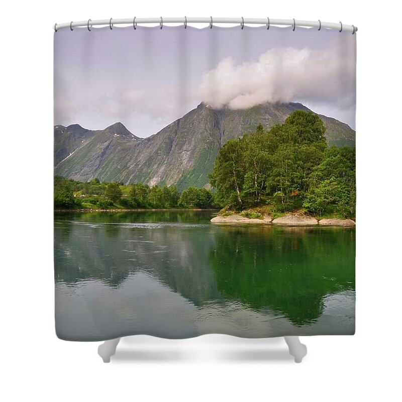 Tranquility Shower Curtain featuring the photograph Norwegian Summer Scenery With River by Ingunn B. Haslekaas