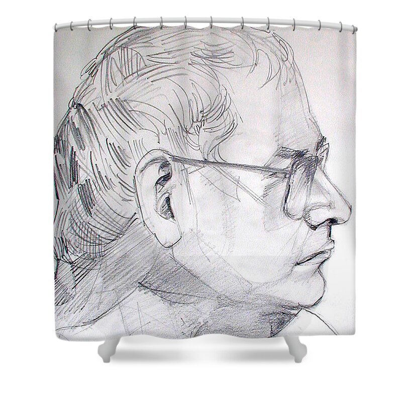 Portrait Shower Curtain featuring the drawing Graphite portrait life drawing sketch Not so young anymore by Greta Corens
