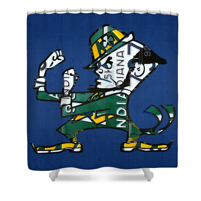 Notre Dame Shower Curtain featuring the mixed media Notre Dame Fighting Irish Leprechaun Vintage Indiana License Plate Art by Design Turnpike