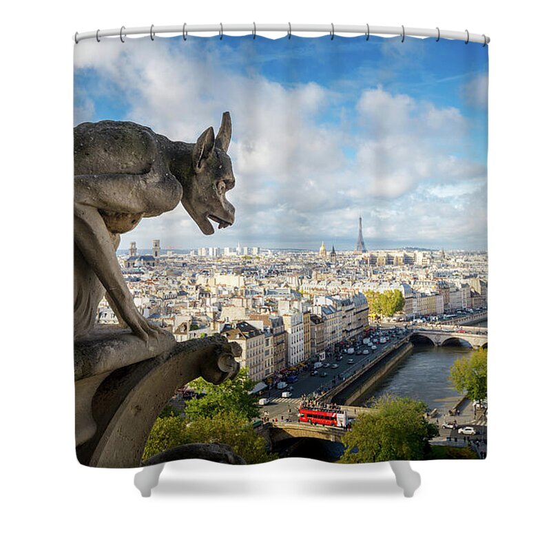 Statue Shower Curtain featuring the photograph Notre Dames Gargoyle Looks At Paris by Noppawat Tom Charoensinphon