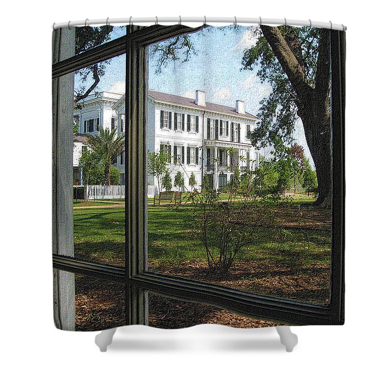 Nottoway Plantation Shower Curtain featuring the photograph Nottoway Through the Window by Nadalyn Larsen