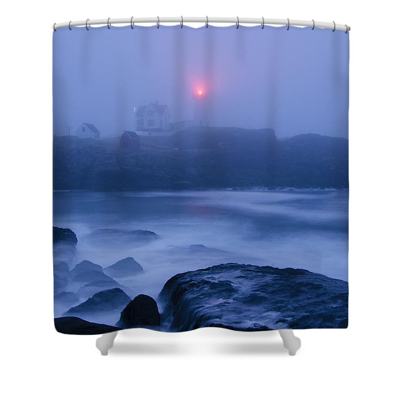 Nubble Lighthouse Shower Curtain featuring the photograph Nubble Light in Foggy Dawn by Donna Doherty