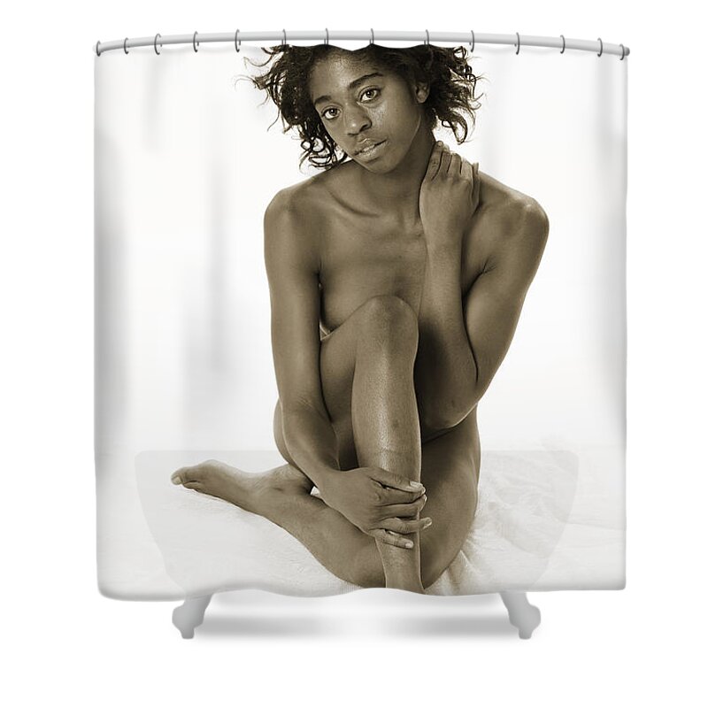 African Shower Curtain featuring the photograph Chynna African American Nude Girl in Sexy Sensual Photograph and in Black and White Sepia 4798.01 by Kendree Miller