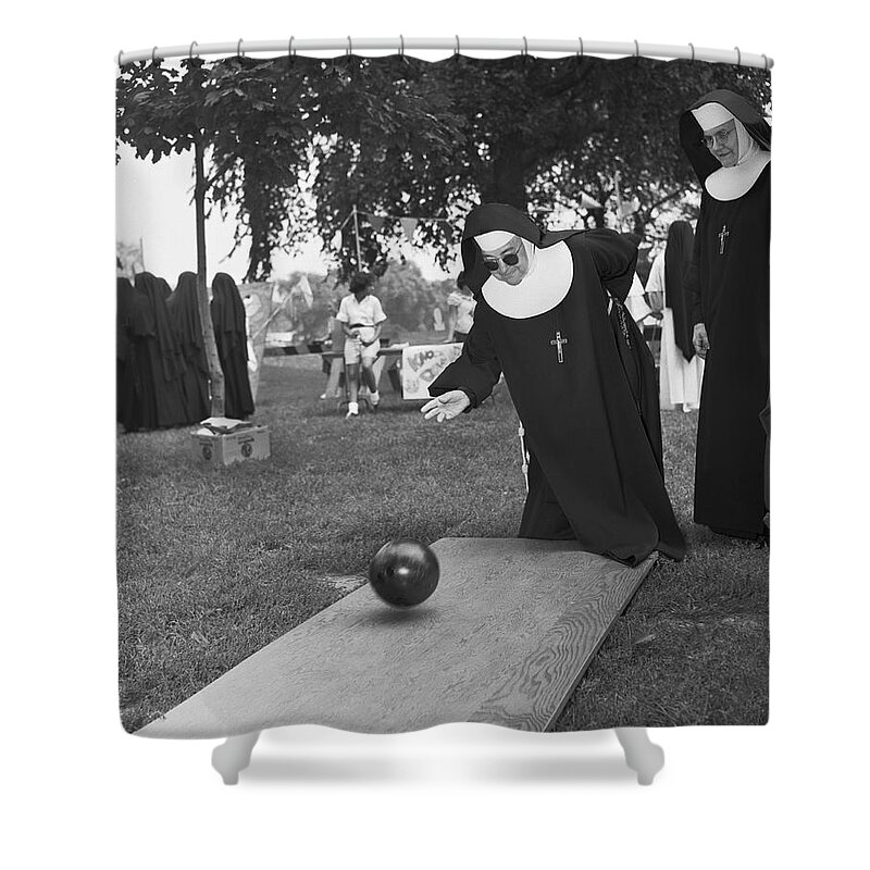 1950s Shower Curtain featuring the photograph Nuns Bowling by Underwood Archives